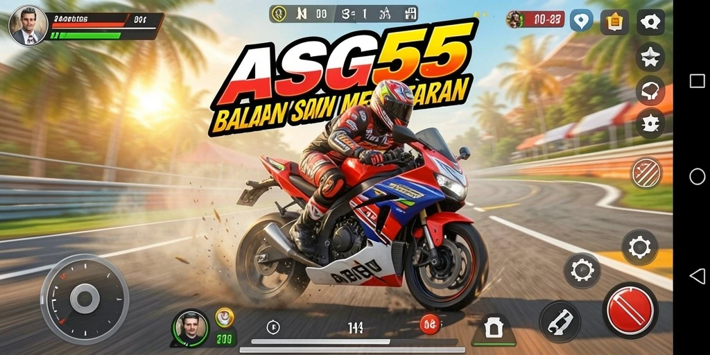 Screenshot utama ASG55 menampilkan aksi balapan motor yang mendebarkan.