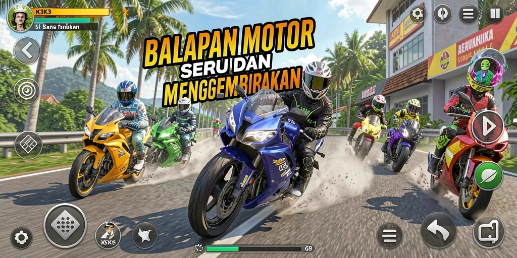 Tampilan gameplay seru dari K3K3, balapan motor yang mendebarkan dan penuh aksi.