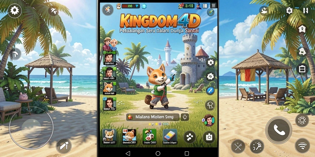 Tampilan gameplay KINGDOM4D dengan karakter lucu dan lingkungan ceria.