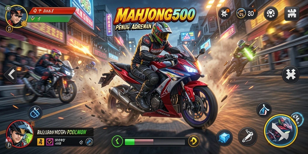 Gameplay mendebarkan di MAHJONG500 dengan balapan motor cepat.