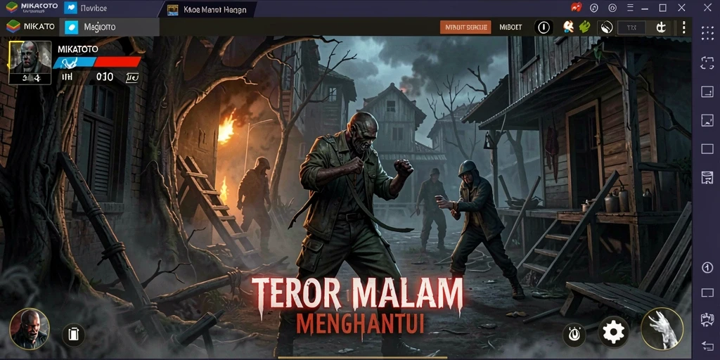 Screenshot gameplay <strong>MIKATOTO</strong> menampilkan aksi mencekam di kegelapan.