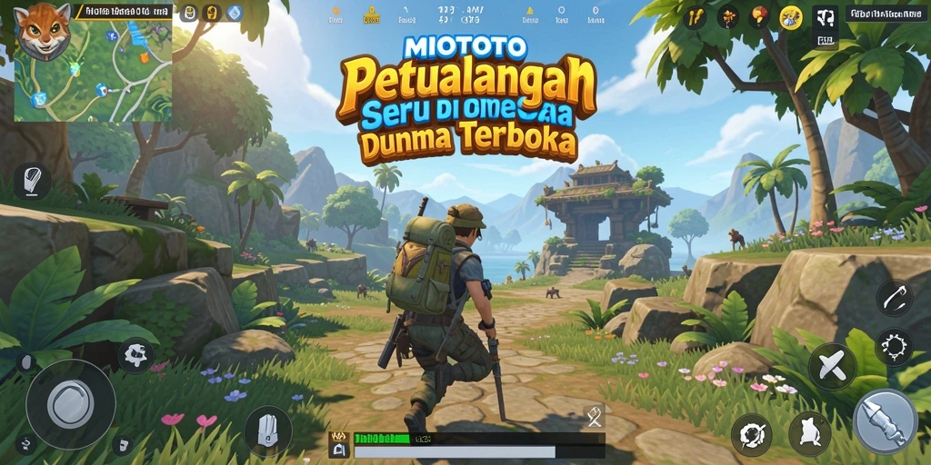 Tangkapan layar utama MIOTOTO menampilkan aksi menjelajah dunia terbuka yang menakjubkan.