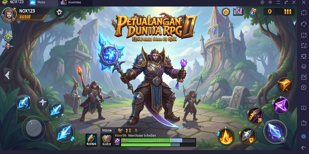 Tangkapan layar utama NOX123 menampilkan aksi pertarungan RPG yang intens.