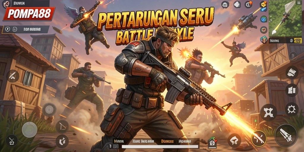 Screenshot POMPA88 menampilkan pertempuran intens di arena Battle Royale.